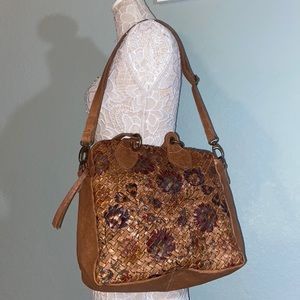 Like new Langellotti Italy Woven Brown Leather Boho Crossbody Tote Purse